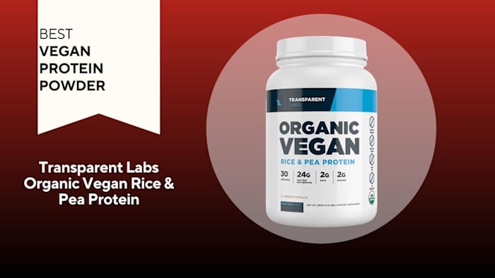 A red background with a white banner that says, "Best Vegan Protein Powder" next to a white and navy container that says Transparent Labs Organic Vegan Rice & Pea Protein in black and teal font